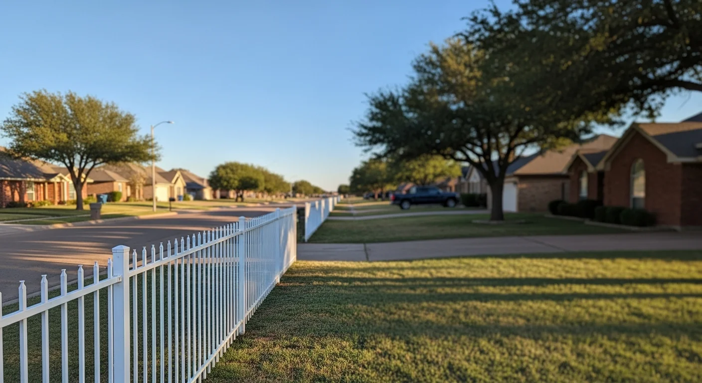 Wide view of Amarillo residential street with established homes and clear Panhandle sky in background.