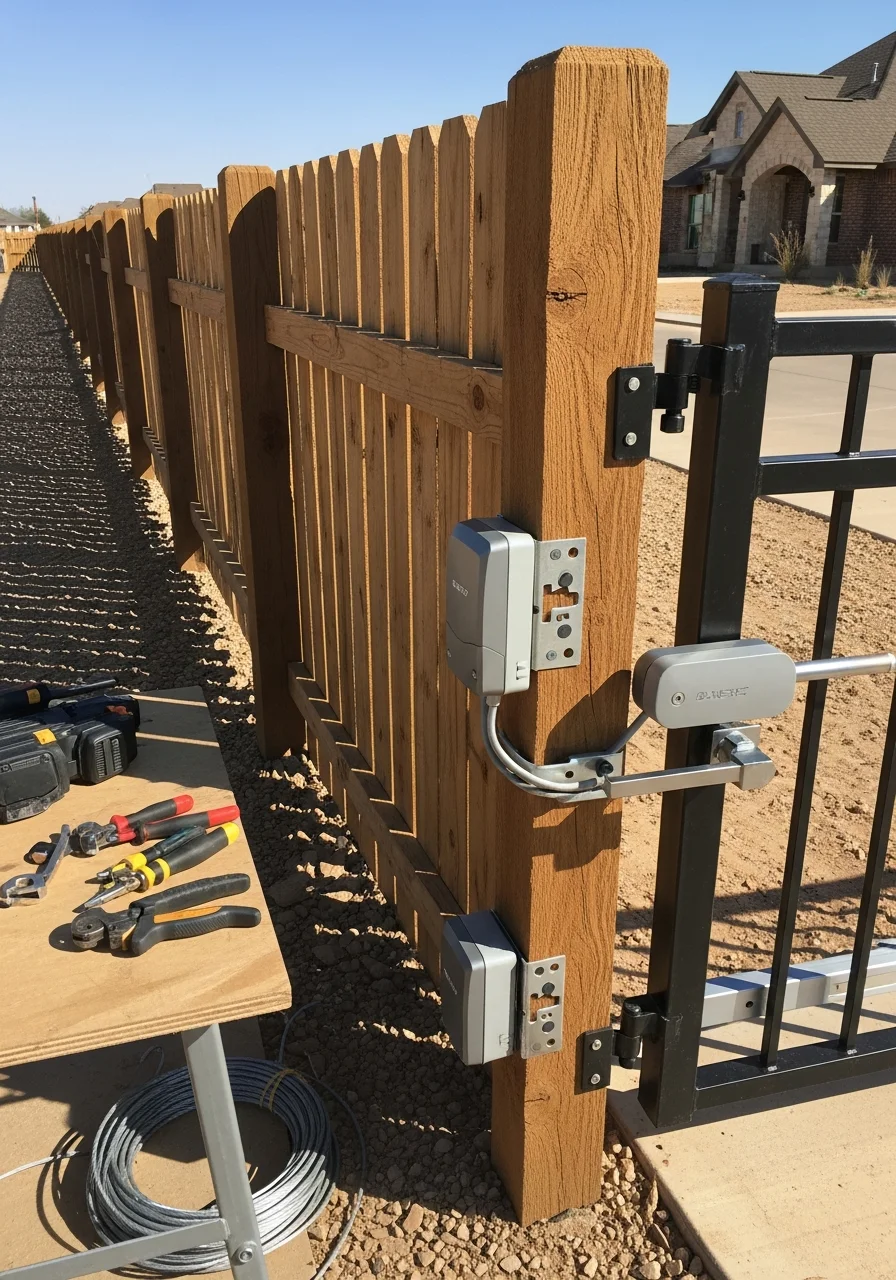 Canyon property owner and service professional at residential property entrance.