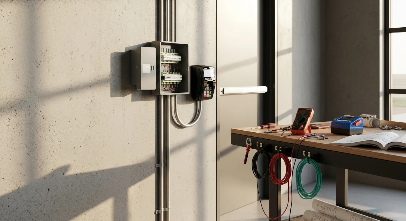 A commercial keypad and card reader access control panel installed beside a glass entry door at a business in Amarillo, TX. The panel displays a green indicator light showing an authorized entry in progress.