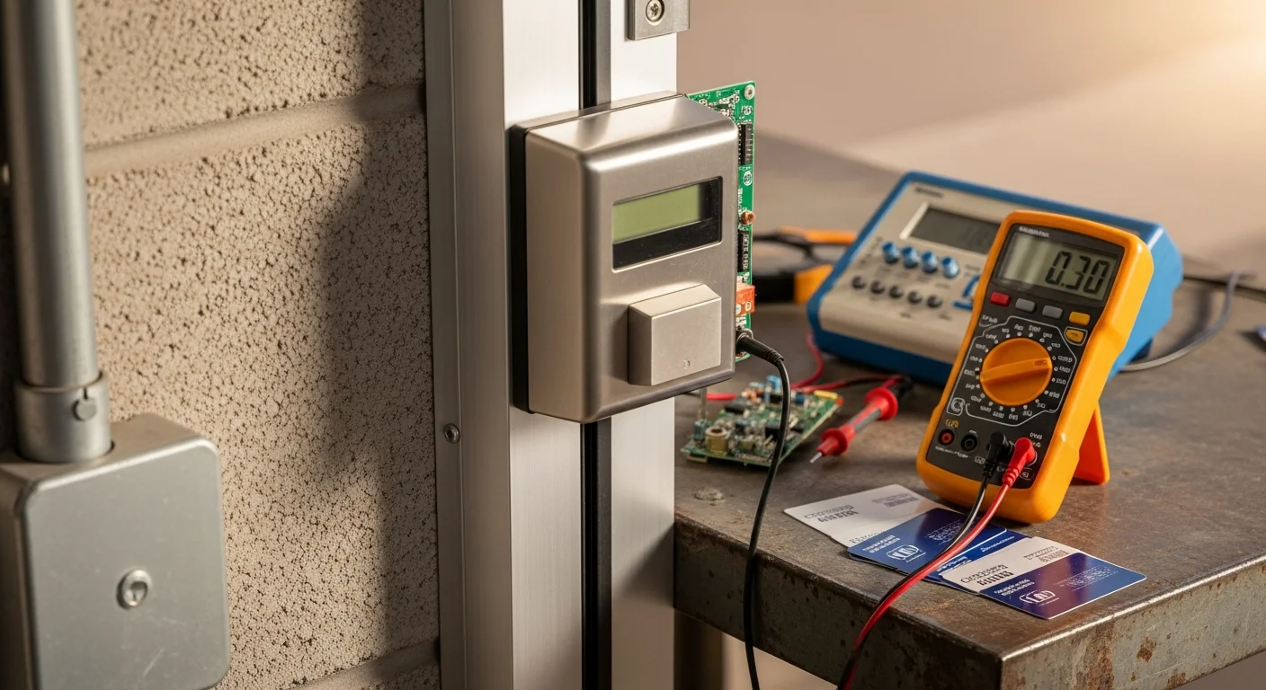 A commercial keypad and card reader mounted beside a metal door at an Amarillo, TX business, showing a technician inspecting the reader housing during an access control system repair visit.