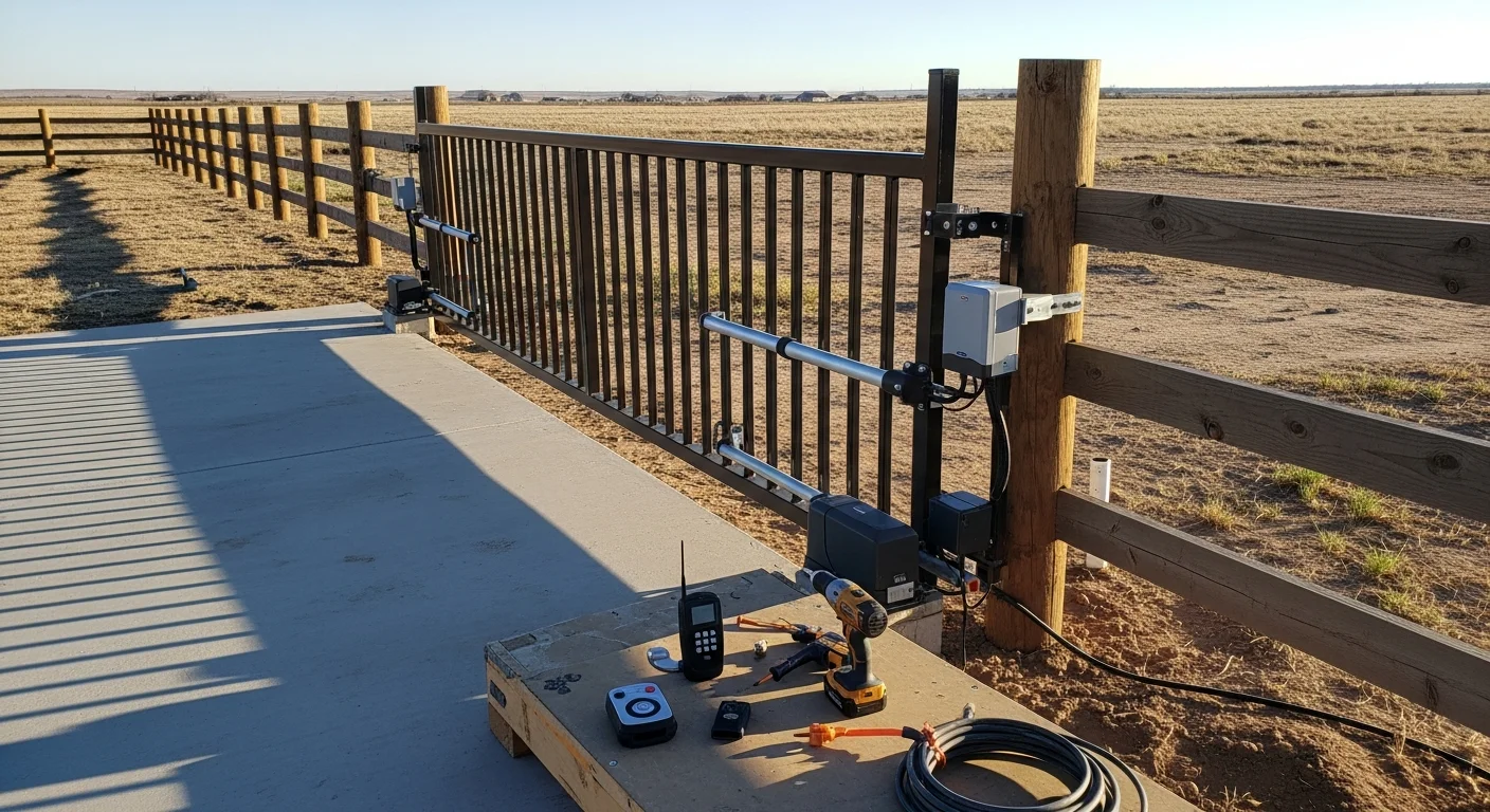 A motorized sliding gate installed at the entrance of a residential property in Amarillo, TX, with a keypad access panel mounted on a steel post beside the driveway. The surrounding landscape reflects the open, flat terrain typical of the Texas Panhandle.