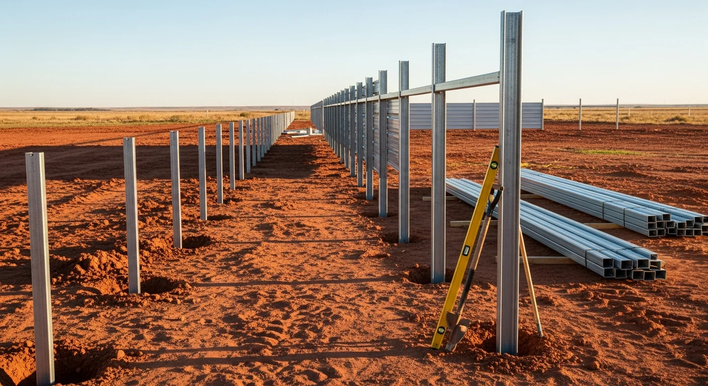 A completed commercial chain-link perimeter fence with a vehicle access gate installed at an industrial property in Amarillo, TX. The fence line runs along a flat lot with open sky and a commercial building visible in the background.