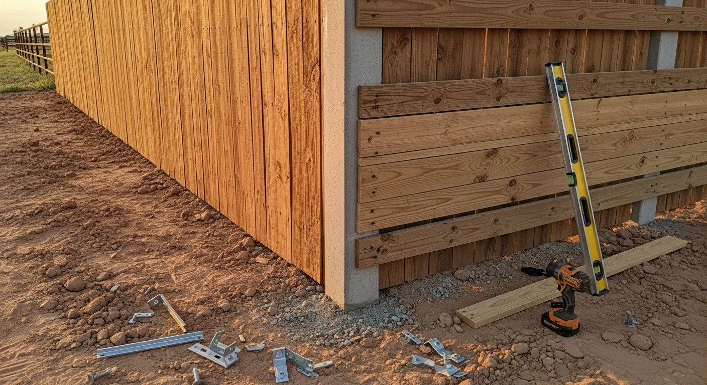 A repaired wooden privacy fence in an Amarillo, TX residential backyard, with straight posts and replaced panels showing consistent color and alignment. A gate with new hardware sits plumb in the frame along the repaired fence line.