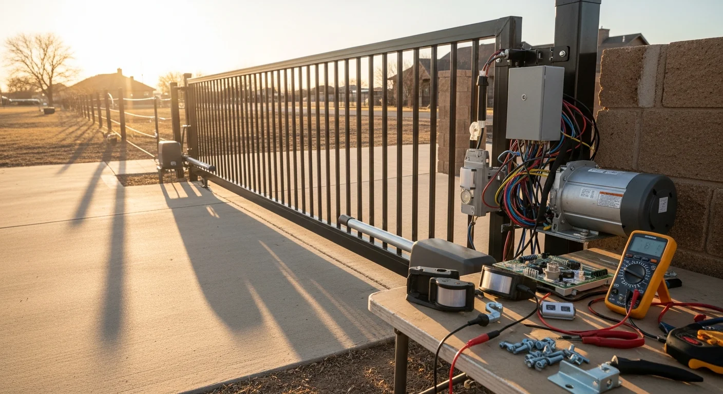 A professionally installed automatic gate operator mounted at the base of a black steel swing gate on a residential driveway in Amarillo, TX. A keypad access panel is mounted on a post near the entry with the Texas Panhandle landscape visible in the background.
