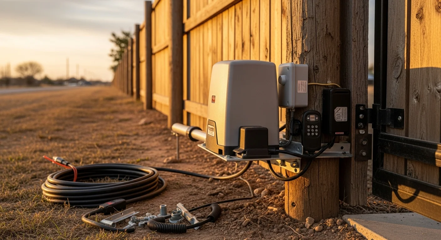 A motorized gate operator mounted at the base of a metal swing gate on a residential property in Amarillo, TX. The operator control arm is fully visible against a flat Texas Panhandle landscape in the background.