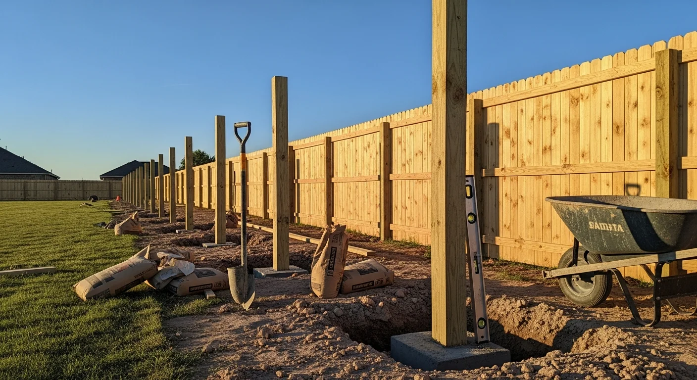 A newly installed privacy fence along the backyard perimeter of a residential property in Amarillo, TX, with concrete-set posts and evenly spaced panels standing plumb against a clear Panhandle sky.