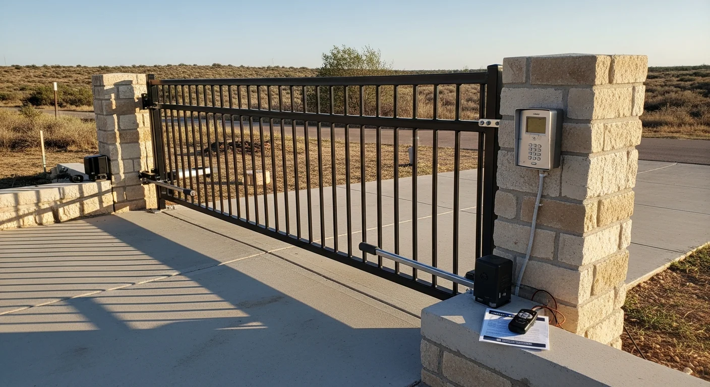 A closed automated security gate at the entrance of a commercial property in Amarillo, TX, with a keypad access panel mounted on a post beside the driveway. The gate is set against a clear Texas Panhandle sky with a paved entry lane leading to the facility.